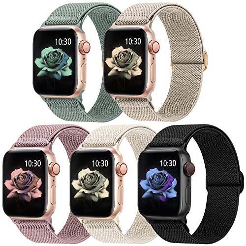 Jiamus 5 Stück Nylon Elastisches Solo Loop Armband Kompatibel mit Apple Watch Armband 38mm 40mm 41mm 42mm 44mm 45mm 49mm,Dehnbare Ersatzarmband für Iwatch Series 8/7/SE/6/5/4/3/2/1Damen Herren von Jiamus