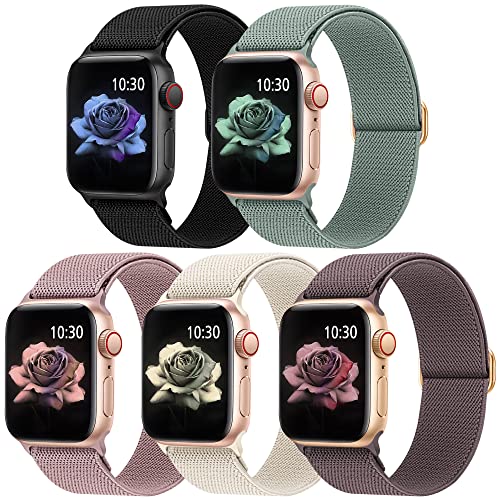 Jiamus 5 Stück Nylon Elastisches Solo Loop Armband Kompatibel mit Apple Watch Armband 38mm 40mm 41mm 42mm 44mm 45mm 49mm,Dehnbare Ersatzarmband für Iwatch Series 8/7/SE/6/5/4/3/2/1Damen Herren von Jiamus