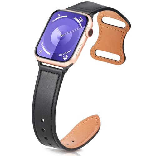 Jiamus Lederarmband Kompatibel mit Apple Watch Armband 44mm 45mm 49mm 42mm 41mm 40mm 38mm,Echtes Leder Ersatzarmband Damen Herren für iWatch Series 9 8 7 SE 6 5 4 3 2 1 Ultra/Ultra 2 von Jiamus