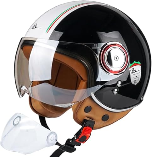 Offener Motorradhelm, 3/4 Retro Classic Mopedhelm für Erwachsene Frauen Männer, Halbgesichts-Vintage-Motorradhelm mit Visier für Roller B,M/(57~58cm) von JianJud