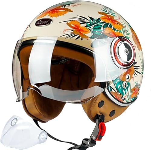 Offener Motorradhelm, 3/4 Retro Classic Mopedhelm für Erwachsene Frauen Männer, Halbgesichts-Vintage-Motorradhelm mit Visier für Roller D,L/(59~60cm) von JianJud
