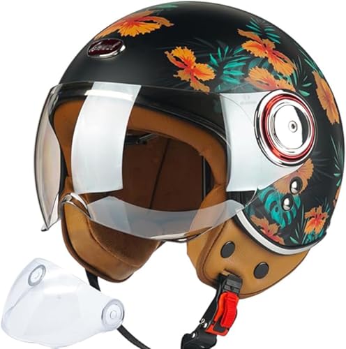 Offener Motorradhelm, 3/4 Retro Classic Mopedhelm für Erwachsene Frauen Männer, Halbgesichts-Vintage-Motorradhelm mit Visier für Roller E,L/(59~60cm) von JianJud