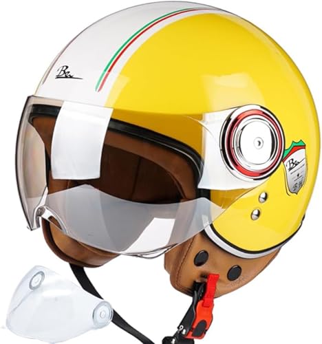 Offener Motorradhelm, 3/4 Retro Classic Mopedhelm für Erwachsene Frauen Männer, Halbgesichts-Vintage-Motorradhelm mit Visier für Roller F,XL/(61~62cm) von JianJud