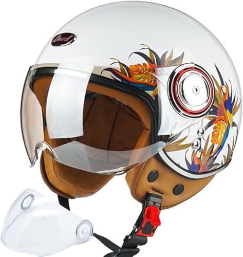 Offener Motorradhelm, 3/4 Retro Classic Mopedhelm für Erwachsene Frauen Männer, Halbgesichts-Vintage-Motorradhelm mit Visier für Roller H,M/(57~58cm) von JianJud