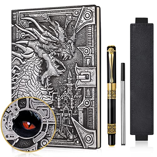 DND Dragon Notizbuch 3D geprägtes Ledertagebuch A5 Antigue Reisetagebuch mit Pen&Pen Sleeve,D&D Daily Diary Lined Writing Notebook(Silber) von JiaoJiRen