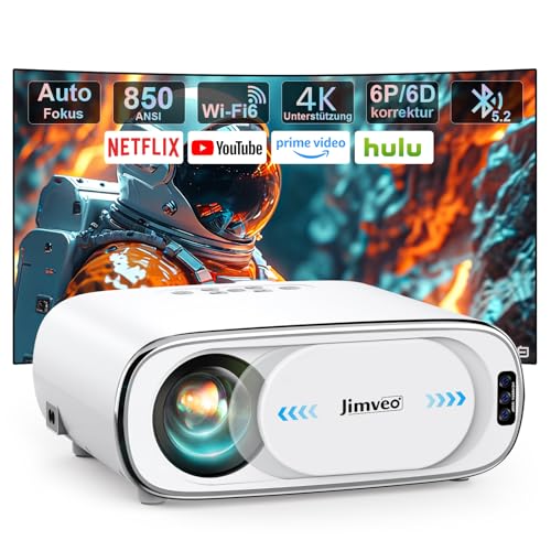 Beamer 4K【Auto-Objektivabdeckung/Autofokus/6P/6D Keystone】 850ANSI 1080P Full HD WiFi6 Bluetooth5.2 Projektor, Jimveo 400" Display Video Beamer Klein Heimkino Unterstützt 4K mit 50% Zoom für Innen von Jimveo