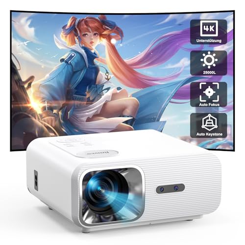Beamer 4K KI Auto Fokus Auto 4D Trapezkorrektur Jimveo 23000L Full HD 1080P Unterstützt 4K Beamer Heimkino WiFi6 Bluetooth Smart Beamer Projector 50% Zoom 300 ''Display Led Outdoor Handy Projektor von Jimveo