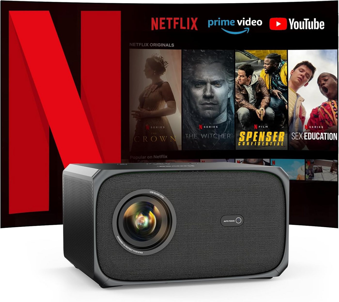 Jimveo 4K KI Auto-Fokus Auto-Objektivdeckel Auto-6D Trapezkorrektur Smart Portabler Projektor (3840 x 2160 px, 26000L 1080P Full HD Tragbare Projector 50% Zoom,300" Display Heimkino) von Jimveo