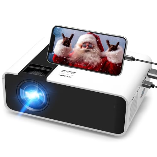 Mini Beamer mit Screen Mirroring, Full HD 1080P Mini Projektor mit 220 Zoll Display, 60000 St. LED, Hi-Fi Stereo, Heimkino Projector kompatibel mit TV Stick, HDMI, AV, VGA, USB, PS4, iOS/Android Handy von Jimwey