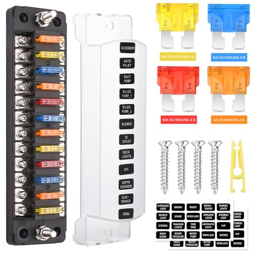 12 Fach Sicherungshalter, 12 Volt Sicherungsblock ATC/ATO KFZ Sicherungskasten 24 Sicherungen Flachsicherungen ohne LED-Anzeige Positiver Negativer für DC 12V/24V Auto LKW Boot VAN SUV Marine Fahrzeug von JinYuan