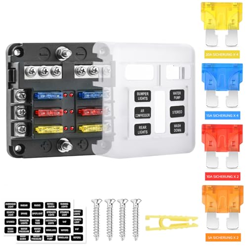 6 Fach Flachsicherung,12V Sicherungshalter KFZ Sicherungskasten 12 Sicherungen Wasserdichte Sicherungsblock mit LED-Anzeige Positiver Negativer für DC 12V / 24V Auto LKW Boot VAN SUV Marine Fahrzeug von JinYuan