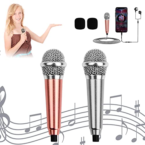 Jinlaili 2 Stücke Tiny Microphone,Mini Karaoke Mikrofon mit 3,5-mm-Universalkabel,Tragbares Gesangsmikrofon,Metall Verdrahteten Mini Tragbar Handmikrofon für Handy Laptop Notebook (Gold Silber) von Jinlaili