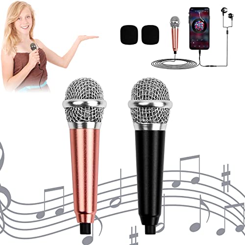 Jinlaili 2 Stücke Tiny Microphone,Mini Karaoke Mikrofon mit 3,5-mm-Universalkabel,Tragbares Gesangsmikrofon,Metall Verdrahteten Mini Tragbar Handmikrofon für Handy Laptop Notebook (Golden Schwarz) von Jinlaili