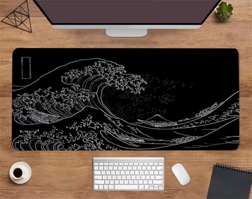 Jinmer Mauspad (700 x 300mm) Verlängertes großes mauspad Schreibtischauflage,Schwarze Meereswelle XXL Mauspads genähte Kanten mauspads,rutschfeste Gummibasis,Gaming-Mauspad von Jinmer