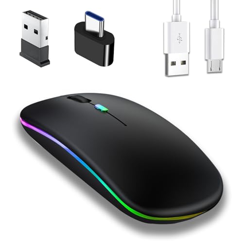Jinpojun Bluetooth Maus, Maus Kabellos, 2,4 GHz-USB Funkmaus Mit USB-C Adapter, 3 DPI Optical Tracking, Mini Wiederaufladbare LED-Dual-Modus Mouse für PC/Tablet/Andriod/Windows von Jinpojun