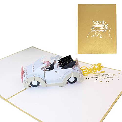 Jinpojun Pop-Up Karte Hochzeitsauto, Geburtstagskarte mit Auto just married“, 3D Geschenkkarte zur Hochzeit & Trauung, Verlobungskarte, Karte zur Trauung/Motiv Brautpaar von Jinpojun