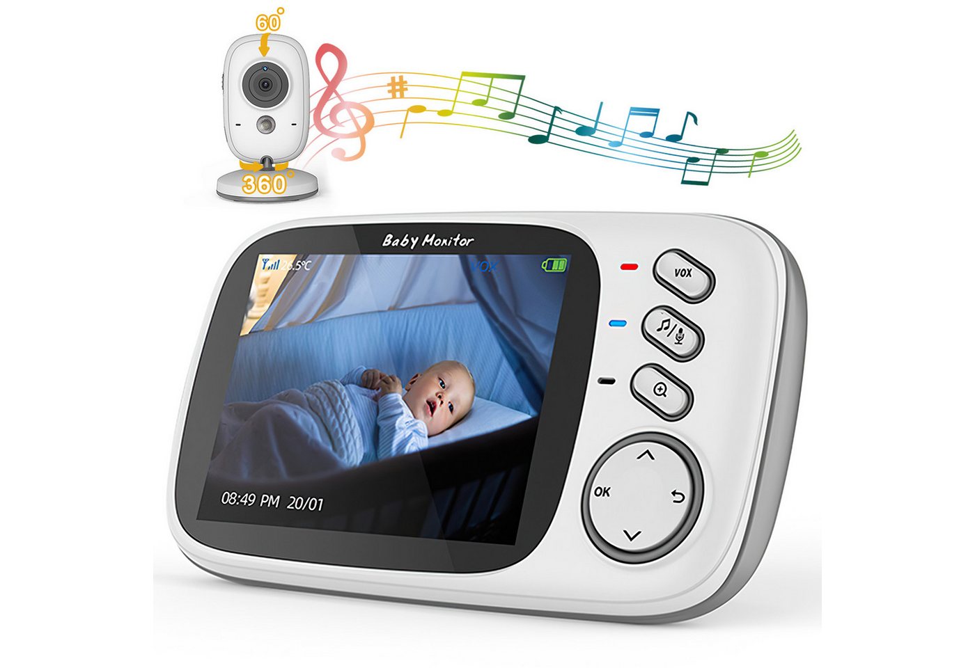 Jioson Babyphone Babymonitor mit Zwei-Wege-Audio, Nachtmodus & Temperaturanzeige, Gegensprechfunktion,Extra Großer LCD-Bildschirm, Infrarot-Nachtsicht, Temperaturanzeige, Schlaflieder, Zwei-Wege-Audio von Jioson