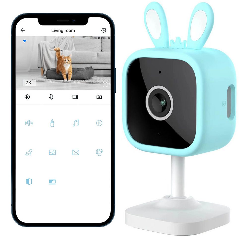 Jioson Babyphone Wireless Babyphone Innenbereich Überwachungskamera WiFi Kamera Blau, Europäischer Standard, unterstützt Zwei-Wege-Sprechanlage, mit Schrei-Erkennung,Fütterungserinnerung und Wiegenlied, Geeignet für ältere Menschen, Kinder und Haustiere von Jioson