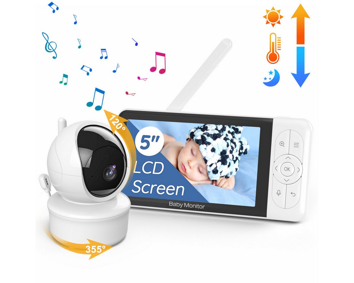 Jioson Video-Babyphone Video-Babyphone Babyphone mit Kamera, Video Baby Monitor Europanorm, Infrarot-Nachtsicht, Temperaturanzeige, Schlaflieder, Zwei-Wege-Audio, mit VOX Modus 2.4 GHz Gegensprechfunktion, Extra Großer 5-Zoll-LCD-Bildschirm von Jioson