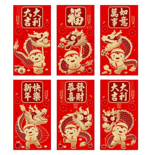 Briefumschläge für chinesisches Neujahr, Glück, Rötungen, 2024, Drachenjahr, Geldtaschen, Bronzing, Cartoon, Drache, Hongbao, Frühlingsfest, Rötungen, Umschläge, 6 Stück von Jiqoe