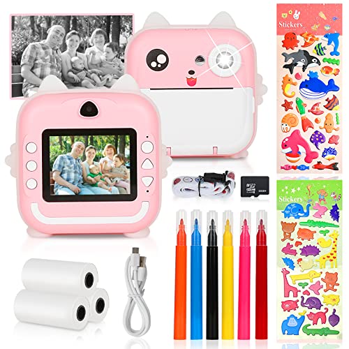 Jirmerp Kinderkamera Sofortbildkamera,KinderKamera 1080P-HD, 2,4-Zoll-Display Kamera Kinder mit Druckpapier,32G TF Karte,Farb-Pinselstiften Kinder DigitalKamera Weihnachten Geschenk von Jirmerp