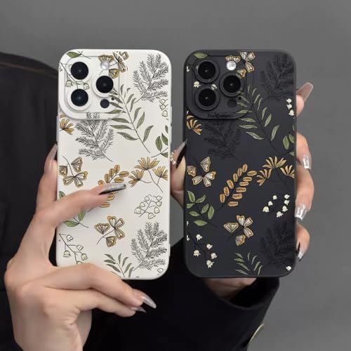 JiuWang [2er Pack] Handyhülle für iPhone 15 mit botanischem Blattmuster - Stoßfeste & Flexible TPU Hülle - Stylisches Naturdesign (Beige & Schwarz) von JiuWang