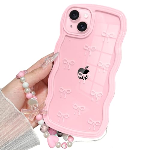 Jmltech Schutzhülle mit Schleife für iPhone 15 Plus, niedliche Kawaii-Welle mit Handgelenkschlaufe, Kette, Mädchen, gewelltes Silikon, klar, Hybrid-Doppelschicht, lockiger Rahmen, ultradünne von Jmltech