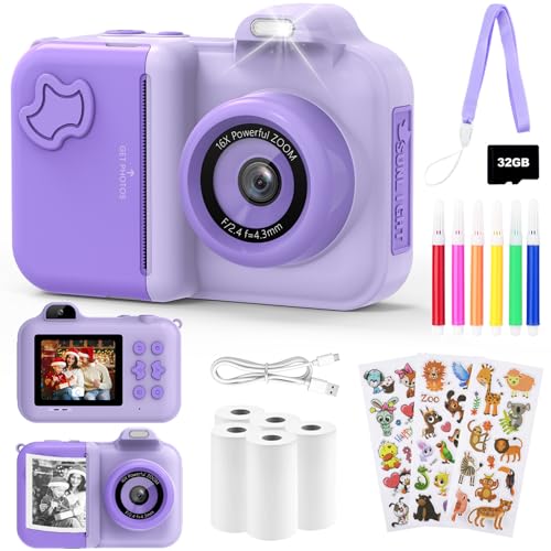 Sofortbildkamera Kinder, 24MP 2.4 Zoll Bildschirm Kinderkamera Sofortbildkamera mit Selfie, 32G Karte Druckpapier Farbigen Stiften 1080P HD Dual Kamera Kinder Sofortdruck, Geschenk 3-12 Jahren, Lila Sofortbildkamera Kinder, 24MP 2.4 Zoll Bildschirm Kinderkamera Sofortbildkamera mit Selfie, 32G Karte Druckpapier Farbigen Stiften 1080P HD Dual Kamera Kinder Sofortdruck, Geschenk 3-12 Jahren, Lila von JoJoego