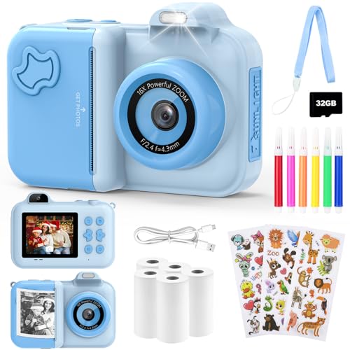 Sofortbildkamera Kinder, 24MP 2.4 Zoll Bildschirm Kinderkamera Sofortbildkamera mit Selfie, 32G Karte Druckpapier Farbigen Stiften 1080P HD Dual Kamera Kinder Sofortdruck, Geschenk 3-12 Jahren, Blau Sofortbildkamera Kinder, 24MP 2.4 Zoll Bildschirm Kinderkamera Sofortbildkamera mit Selfie, 32G Karte Druckpapier Farbigen Stiften 1080P HD Dual Kamera Kinder Sofortdruck, Geschenk 3-12 Jahren, Blau von JoJoego