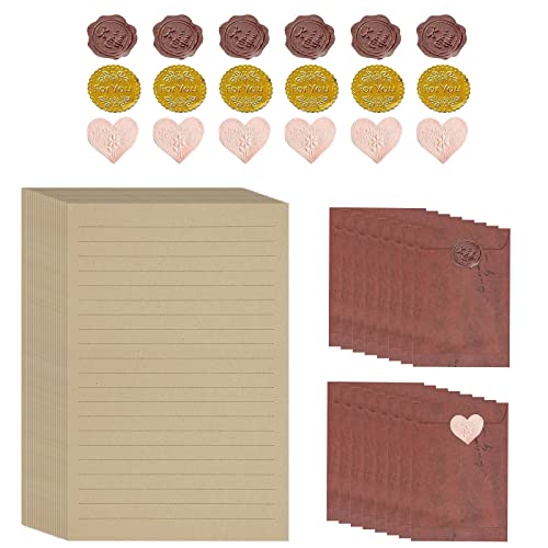 Briefumschlag Briefpapier Set,50 Vintage Briefpapiere und 16 Stück Rotbraune Umschlag Schreibpapier und 18 Siegelaufkleber Vintage Briefumschläge Umschlag Schreibpapier Set zum Schreiben (Red Brown) von Jodsen
