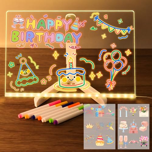 Joellfuner LED Notiztafel, Acryl Notiztafel LED mit 7 Farben Stift, Nachrichtentafel mit Led, Schreibtafel mit Verstellbarem StäNder, Transfer Aufkleber, Abwischbar, Geschenk für Kinder Freundin von Joellfuner