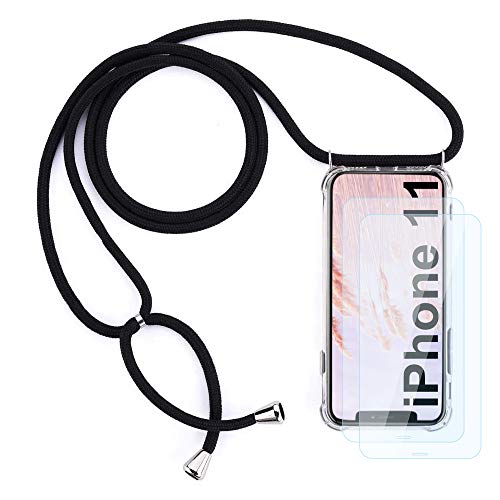 JoiCase Handyhülle für iPhone 11 6.1 Inch mit Einstellbar Necklace Band Transparent Silikon Acry Hülle, Panzerglas Schutzfolie - Schwarz von JoiCase