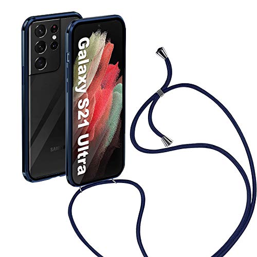 JoiCase Handykette Hülle Kompatibel mit Samsung Galaxy S21 Ultra Lanyard Handyhülle Magnetische Adsorption Case 360 Grad Schutzhülle Magneten Aluminiumrahmen Halskette Flip Cover - Dunkelblau von JoiCase
