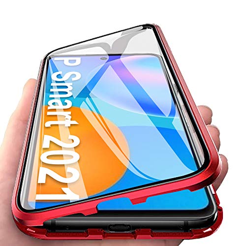 JoiCase Hülle Kompatibel mit Huawei P Smart 2021 Magnetische Adsorption Case 360 Grad Schutzhülle Magneten Aluminiumrahmen Gehärtetes Glas Stoßfest Metall Flip Cover - Rot von JoiCase