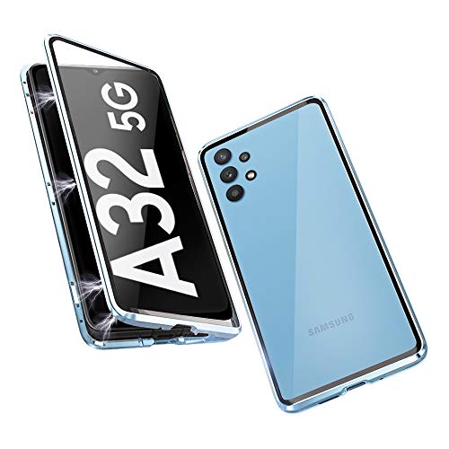 JoiCase Hülle Kompatibel mit Samsung Galaxy A32 5G Magnetische Adsorption Case 360 Grad Schutzhülle Magneten Aluminiumrahmen Gehärtetes Glas Stoßfest Metall Flip Cover - Hellblau von JoiCase