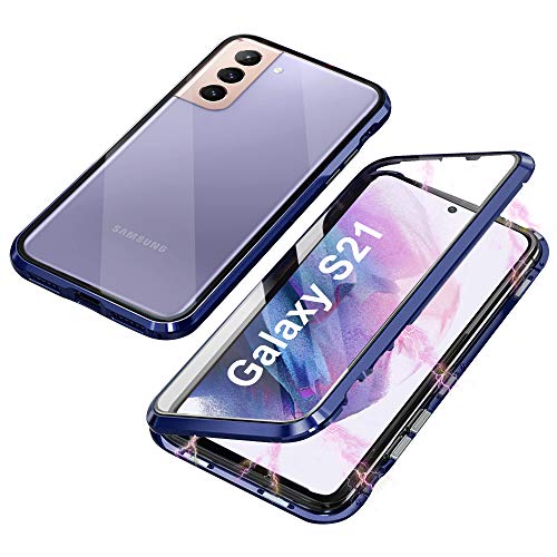 JoiCase Hülle Kompatibel mit Samsung Galaxy S21 Magnetische Adsorption Case 360 Grad Schutzhülle Magneten Aluminiumrahmen Gehärtetes Glas Stoßfest Metall Flip Cover - Dunkelblau von JoiCase