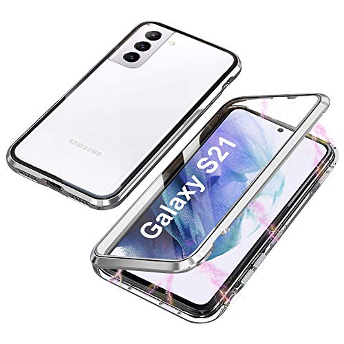 JoiCase Hülle Kompatibel mit Samsung Galaxy S21 Magnetische Adsorption Case 360 Grad Schutzhülle Magneten Aluminiumrahmen Gehärtetes Glas Stoßfest Metall Flip Cover - Silber von JoiCase