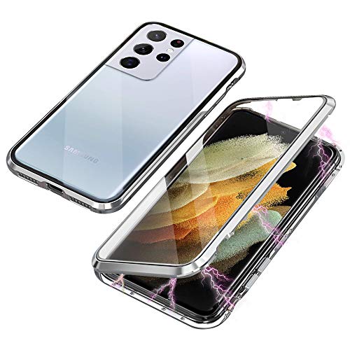 JoiCase Hülle Kompatibel mit Samsung Galaxy S21 Ultra Magnetische Adsorption Case 360 Grad Schutzhülle Magneten Aluminiumrahmen Gehärtetes Glas Stoßfest Metall Flip Cover - Silber von JoiCase