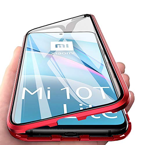 JoiCase Hülle Kompatibel mit Xiaomi Mi 10T Lite Magnetische Adsorption Case 360 Grad Schutzhülle Magneten Aluminiumrahmen Gehärtetes Glas Stoßfest Metall Flip Cover - Rot von JoiCase
