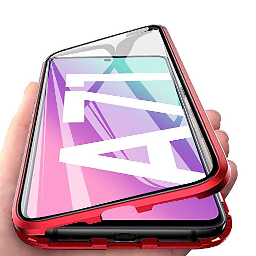 JoiCase Rundum Hülle für Samsung Galaxy A71 4G Version Magnetische Adsorption Handyhülle 360 Grad Schutzhülle Stark Magneten Aluminiumrahmen Gehärtetes Glas Stoßfest Metall Flip Cover, Rot von JoiCase