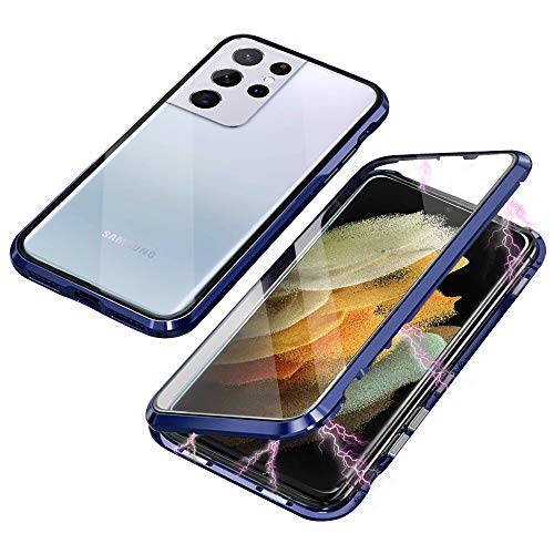 JoiCase Schutzhülle für Samsung Galaxy S21 Ultra Adsorption, magnetisch, 360-Grad-Schutz, Hartglas, Aluminiumrahmen, starker Magnet, stoßfest, Metall, Flip Cover – Dunkelblau von JoiCase