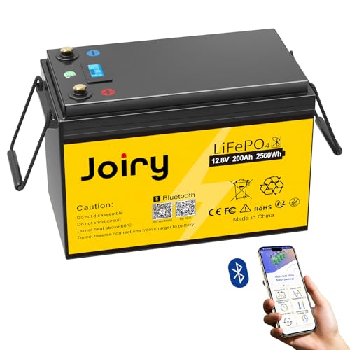Joiry LiFePO4 Akku 12V 200Ah Lithium Batterie Bluetooth-Funktion Solarbatterie Akku mit eingebautes 200A BMS, 2560Wh LiFePO4 Batterie für Wohnmobil, Wohnwagen, Boot, Solaranlage, Off-Grid von Joiry