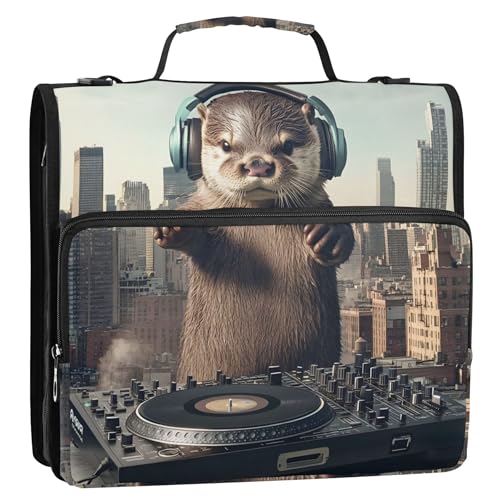 3,8 cm (1 1/2 Zoll) Ordner mit 3 Ringen, lustiger Otter, DJ-Kopfhörer, Musik, Reißverschluss, Ordner, Schulmappe mit Schultergurt, Aufbewahrungsmappe für Studenten, Portfolio-Tasche mit Griff von Joitme