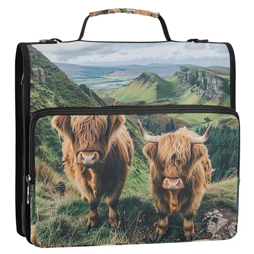 Bunter Ordner-Organizer mit Reißverschluss, 3,8 cm, 3 Ringbücher, D-Ring, niedliches Hochlandkuh, Berge, mehrere Taschen, große Portfolio-Mappe, Mittelschule, Ordnertasche mit Gurt Bunter Ordner-Organizer mit Reißverschluss, 3,8 cm, 3 Ringbücher, D-Ring, niedliches Hochlandkuh, Berge, mehrere Taschen, große Portfolio-Mappe, Mittelschule, Ordnertasche mit Gurt von Joitme