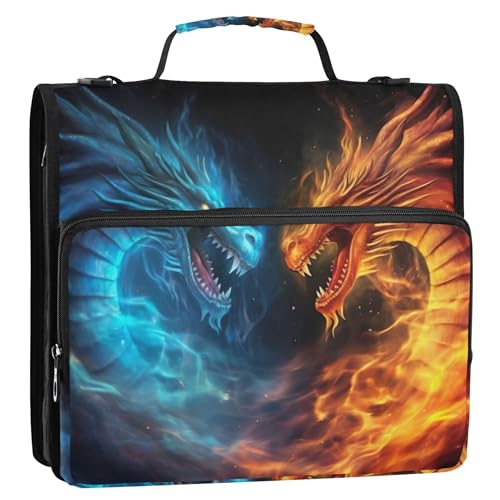 Dragons Fighting Flames 3-Ringbuch, 3,8 cm, D-Ring-Reißverschluss, Ordner, Organizer mit Riemen, mittlere Schultasche, Portfolio, für 500 Blatt von Joitme