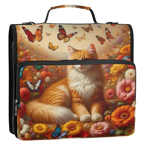 Ordner-Organizer mit Reißverschluss, Katze, Blumenmuster, Kätzchen, 3,8 cm, D-Ring, robuster Ordner mit Schultergurt, für Schule, Portfolio und Etui, Ringordnerhalter Ordner-Organizer mit Reißverschluss, Katze, Blumenmuster, Kätzchen, 3,8 cm, D-Ring, robuster Ordner mit Schultergurt, für Schule, Portfolio und Etui, Ringordnerhalter von Joitme