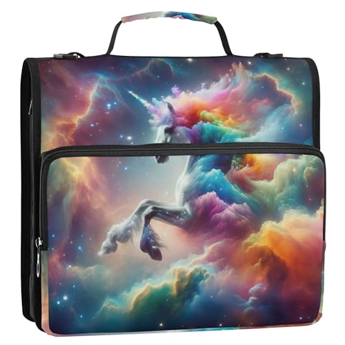 Ordner mit Regenbogen-Einhorn, 3,8 cm, 3 Ringe, Reißverschluss, Organizer mit Schultergurt, für Schule, einfaches Portfolio, hält 500 Blatt von Joitme