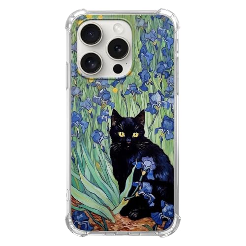 Van Gogh Blume Katze Kunst Handyhülle Kompatibel mit iPhone 14 Pro Max, Schwarz Katze Blau Blume Trendy Cool Girl Boy Hülle für iPhone 14 Pro Max Silikon Stoßfest TPU Bumper Schutzhülle von Joktruay