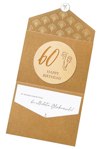 Joli Coon 60 Happy Birthday Holzscheibe mit Klappkuvert und Siegelaufkleber - Geburtstagskarte 60 - Geldgeschenk 60 Geburtstag von Joli Coon