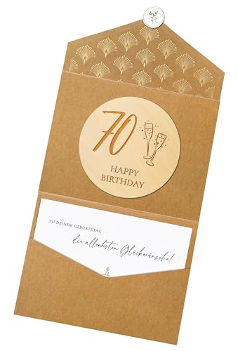Joli Coon 70 Happy Birthday Holzscheibe mit Klappkuvert und Siegelaufkleber - Geburtstagskarte 70 - Geldgeschenk 70 Geburtstag von Joli Coon